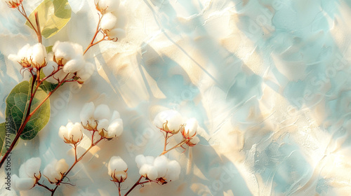 Illustration with cotton and eucalypt on light background.  Concept of nature