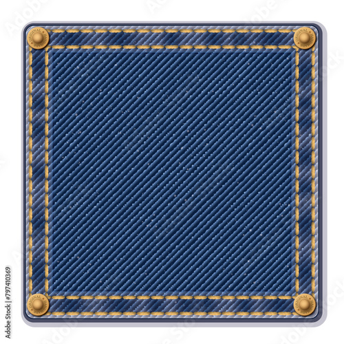 Denim blue jean pattern square badge isolated with gold seams, crease and brass pins vector illustration.