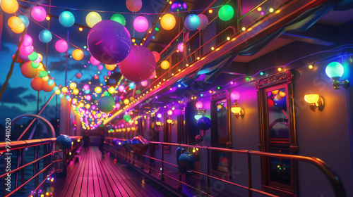 Party on a ship with balloons and lights. Festive banner. Holiday concept.