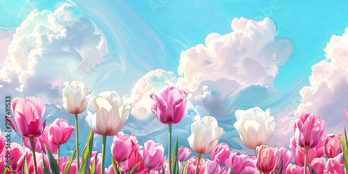 Illustration of spring pink tulips field. Natural artwork banner