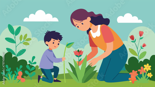 A mother and son pull out weeds and deadhead flowers in the garden the son eagerly soaking up his mothers wisdom on how to care for herbs and their. Vector illustration