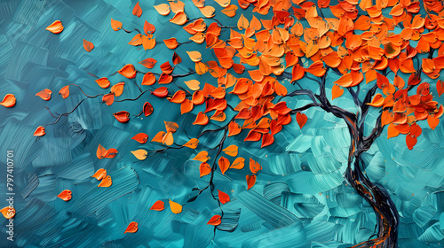Tree with orange leaves on blue background. Oil painting Asian banner.
