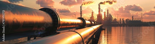 The image shows an oil refinery with pipelines in the foreground.