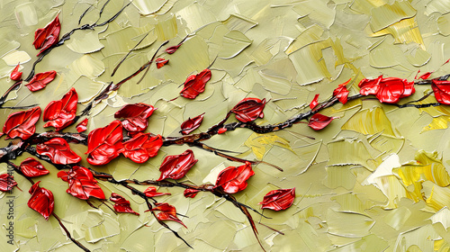 Branch with red leaves on green background. Oil painting Asian banner.