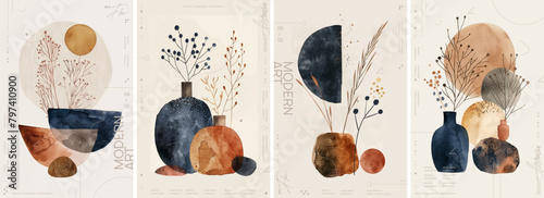 A set of four watercolor illustrations in the style of modern boho art, featuring abstract geometric shapes and vases with dried plants, with earthy tones such as navy blue, brown, and beige.