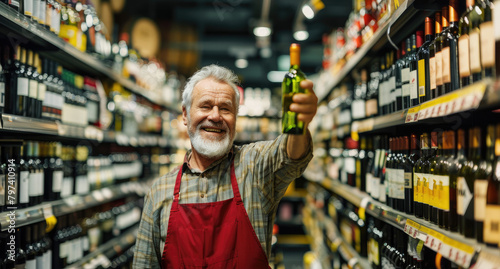 Elderly man with beard and gray hair, wearing a red apron holding up a wine bottle in a supermarket store, smiling at the camera. © Kien
