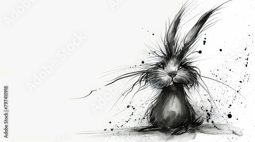 Whimsical Chaos: funny Frazzled Ink Cartoon Rabbit , white background. Generative AI photo