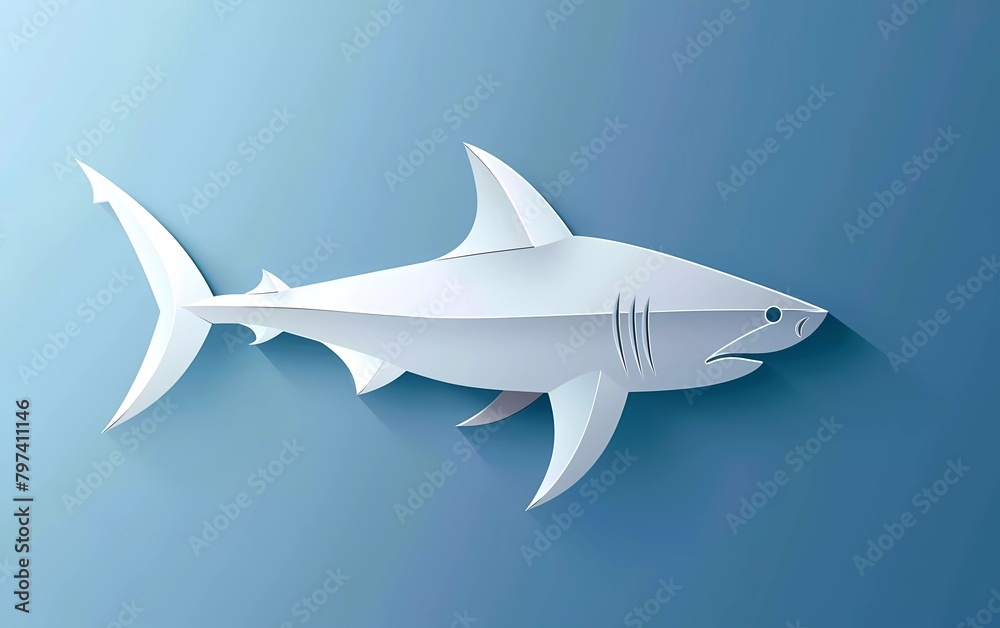 Paper cut Shark icon isolated on blue background. Paper art style. Vector Illustration