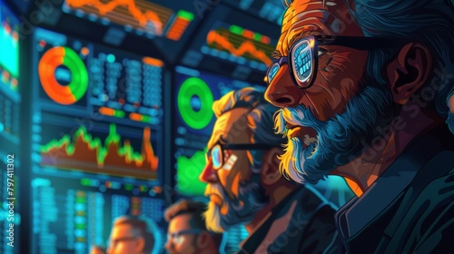 A group of stock traders watch the market data on a large screen.