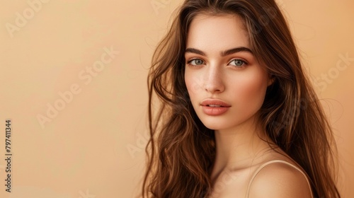 A woman with long brown hair and a tan background