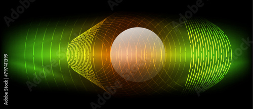 An astronomical object resembling a green and orange gas circle with a white center on a black background. It creates a lens flare effect and contrasts with the darkness of midnight