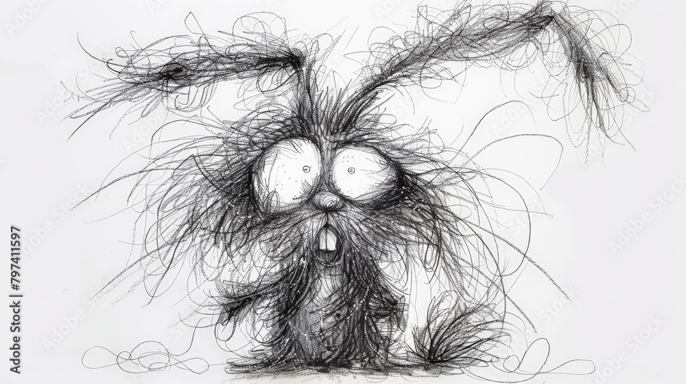 Obraz premium Whimsical Chaos: funny Frazzled Ink Cartoon Rabbit , white background. Generative AI