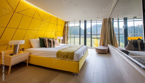 interior of a bedroom, modern living room with a window, a modern bedroom, modern architeture ,yellow color building structure, Ai Generate  photo