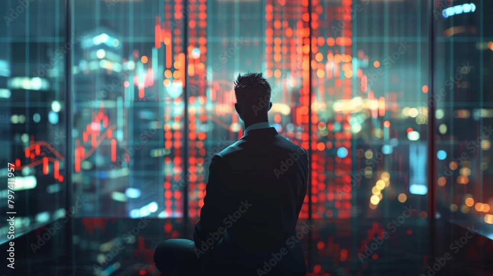 A man in a suit looking out at a city at night. A man in a suit looking out at a city at night.