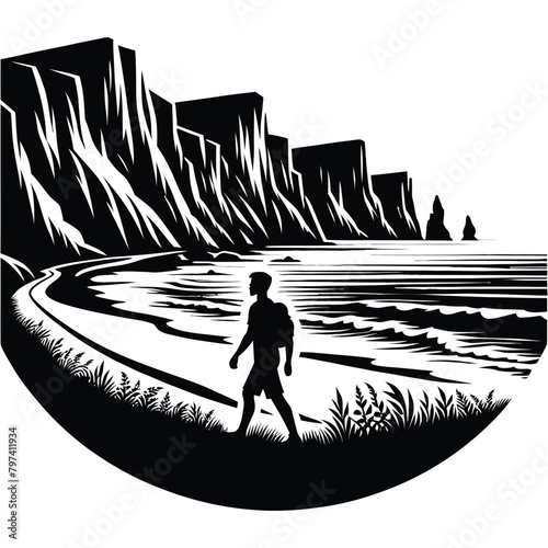 silhouette of a person walking along a coastal trail with cliffs in the background