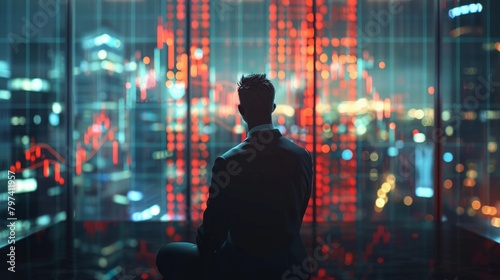 A man in a suit looking out at a city at night.