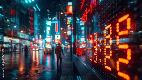A man walks alone through a busy city street at night  illuminated by the lights of the buildings and the digital billboards.