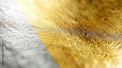 close up brushed gold gardient to silver metal texture background. abstract luxury hairline metallic in gold and silver color bakground. gold with grey polished metal, steel texture. photo