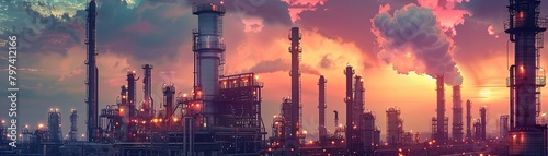 An oil refinery at sunset with a vibrant sky. photo