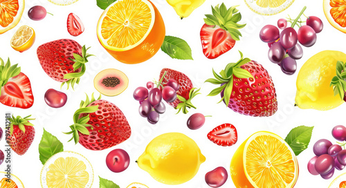 A seamless pattern of various citrus fruits, strawberries and grapefruits on a white background, as a vector illustration in the style of flat design