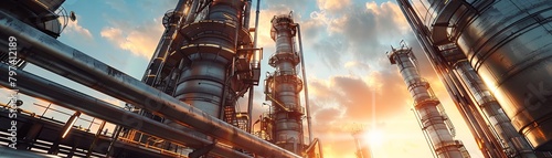 The image shows an industrial plant with pipes and a distillation tower in the center. The sky is orange and the sun is setting. photo
