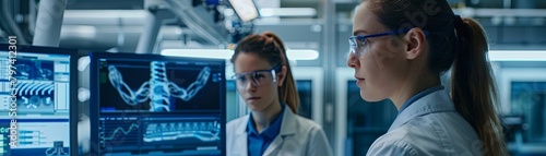 Two female scientists in lab coats and safety glasses work on a project using computers.