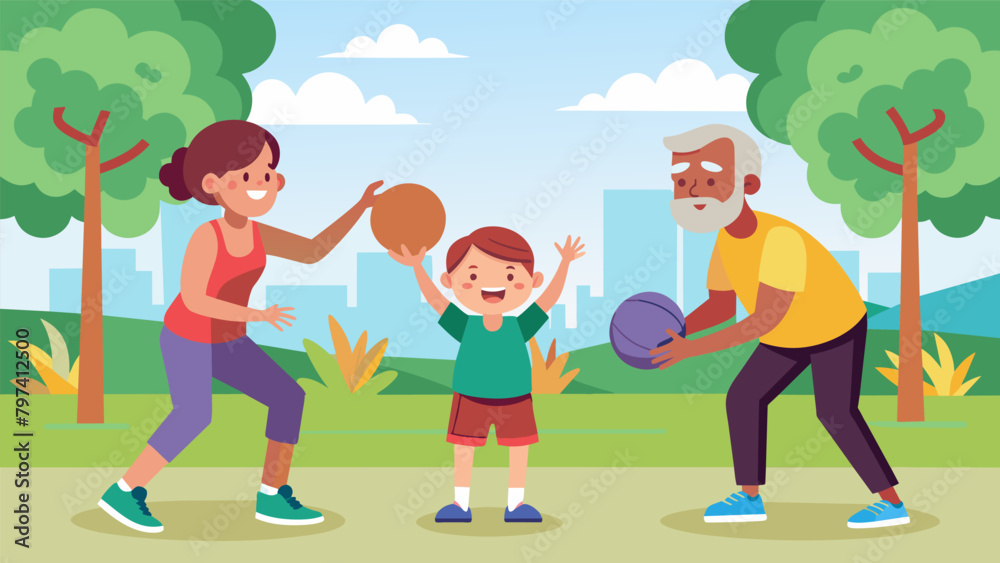 Three generations of a family engaged in a friendly game of basketball in the park.