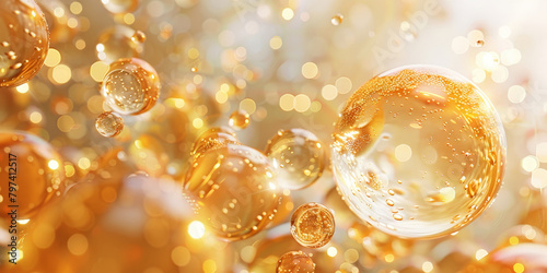 Golden yellow abstract oil bubbles or face serum background. Oil and water bubbles .golden yellow Bubbles oil or collagen serum for cosmetic product, banner poster 