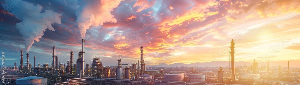 An industrial zone with a sunset in the background