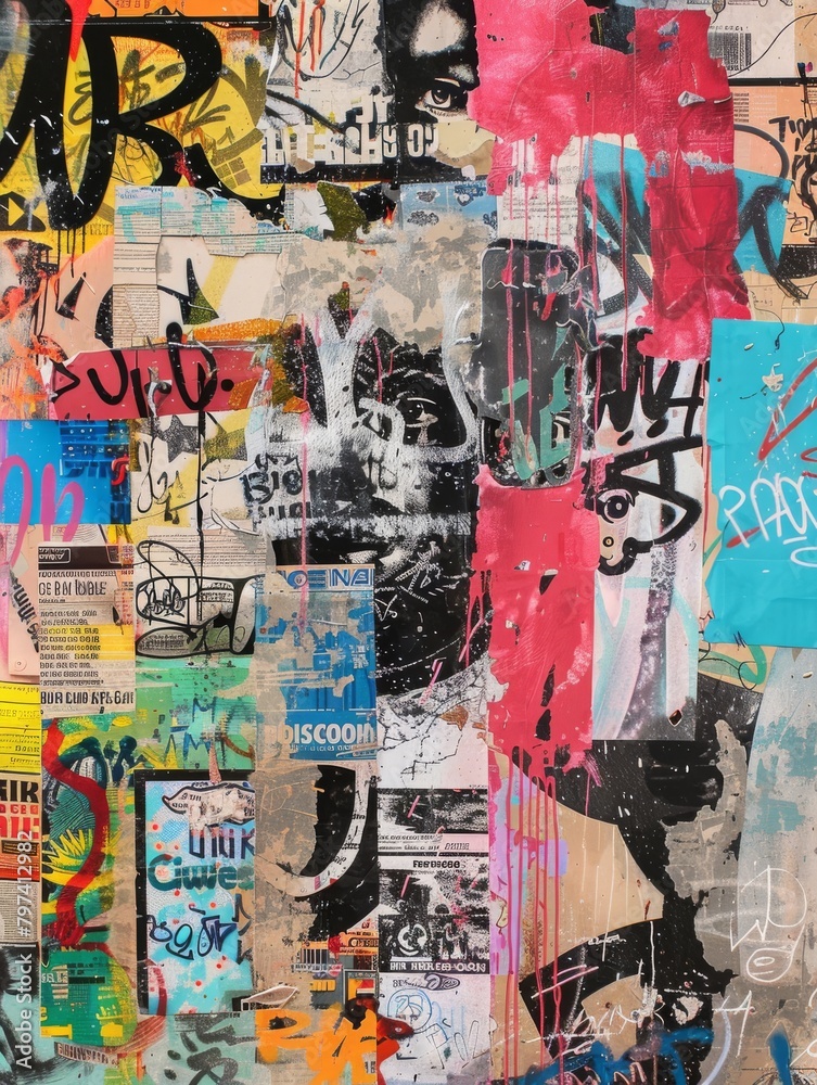 Fototapeta premium Graffiti Collage Art on Urban Street WallLayered Abstract Patterns