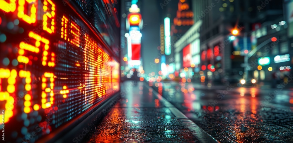 A stock market ticker display with a blurred city street in the background.