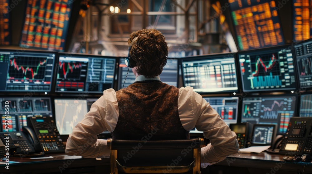 A stock trader sits in front of a large bank of computer monitors, watching the markets and making trades. A stock trader sits in front of a large bank of computer monitors, watching the markets and making trades.