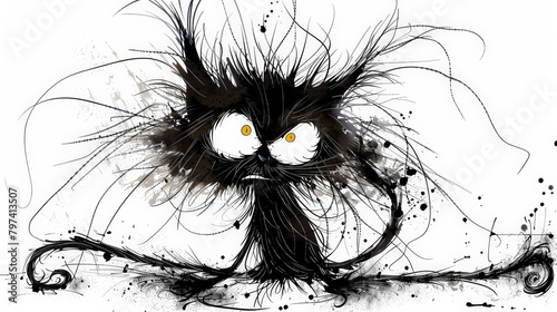 Whimsical Chaos: Funny Frazzled Ink Cartoon Cat. Generative AI photo