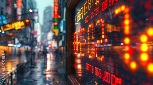 A stock market display with red and green numbers.
