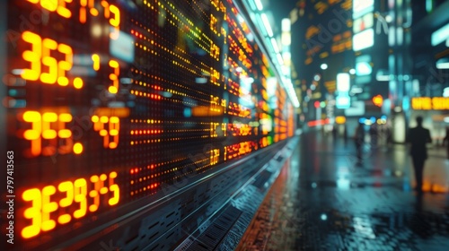 A stock market ticker display with numbers and graphs representing stock prices. © Sodapeaw