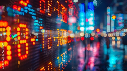 A stock market ticker with a reflection of a blurred cityscape at night.
