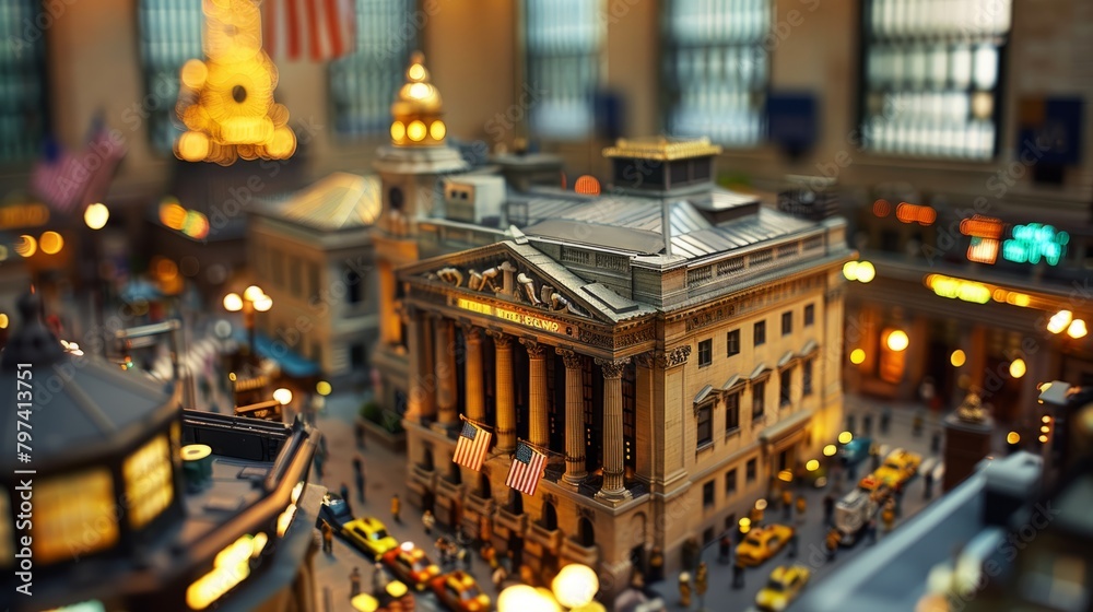A tilt-shift image of a miniature city made of buildings, cars, and people