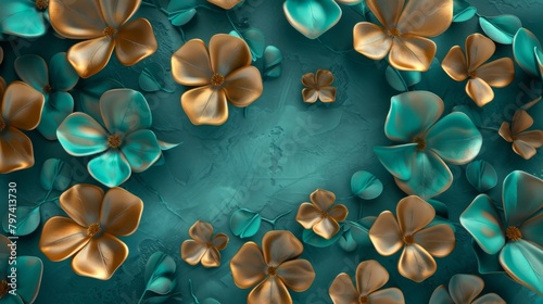 3d abstract background with golden clover leaves on dark green texture © wanna