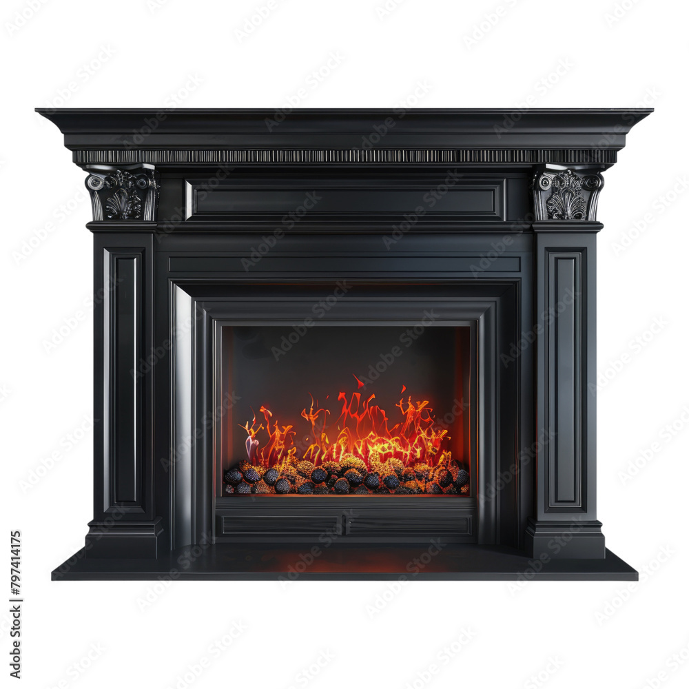 Fireplace isolated on transparent background. Home interior design.