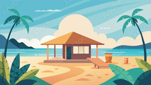 An intimate beachfront bungalow with the sound of waves crashing in the background creating a serene ambiance for a private yoga class..
