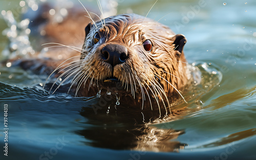 Close up portrait of a wet Asian small-clawed otter swimming in water © Laik Alam