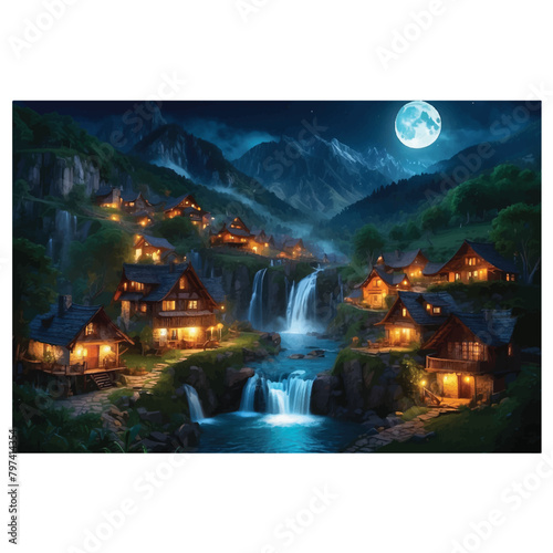 fantasy illustration design of a house near mountains and rivers at night