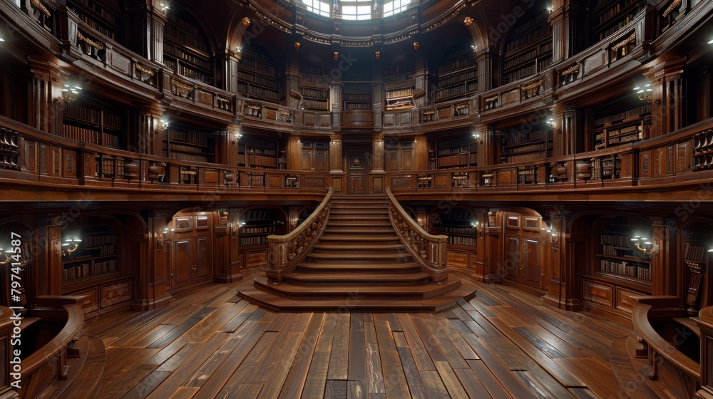 An epic library with a grand staircase leading up to a large wooden door. The library is filled with bookshelves and there is a large chandelier hanging from the ceiling. An epic library with a grand staircase leading up to a large wooden door. The library is filled with bookshelves and there is a large chandelier hanging from the ceiling.