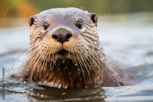 Close up portrait of a wet Asian small-clawed otter swimming in water photo