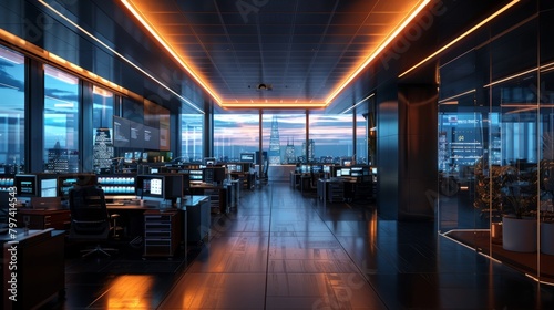 An empty office space with a view of the city at night.