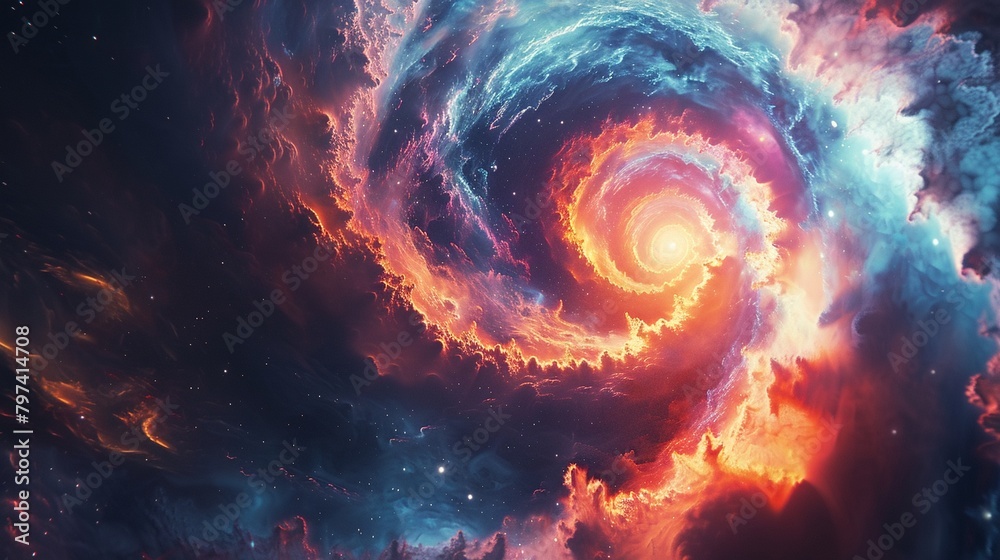 Vivid and abstract space scene featuring a black hole at the center, with stars and material caught in its gravitational pull, rendered in bright, swirling hues and movement Vivid and abstract space scene featuring a black hole at the center, with stars and material caught in its gravitational pull, rendered in bright, swirling hues and movement