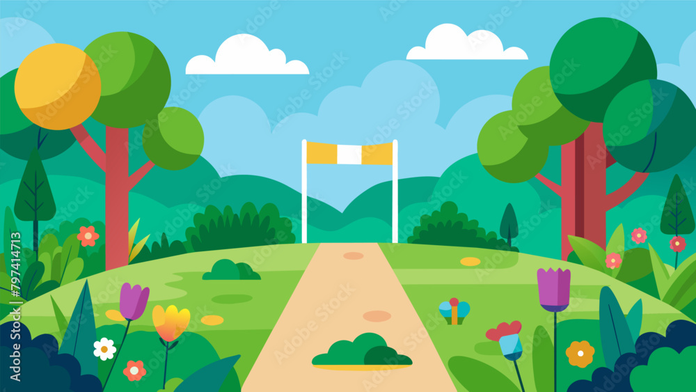 The finish line is located in a lush park surrounded by trees and flowers symbolizing growth and progress.. Vector illustration