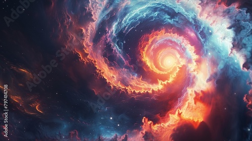 Vivid and abstract space scene featuring a black hole at the center, with stars and material caught in its gravitational pull, rendered in bright, swirling hues and movement photo