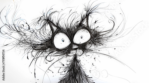 Whimsical Chaos: Funny Frazzled Ink Cartoon Cat. Generative AI photo