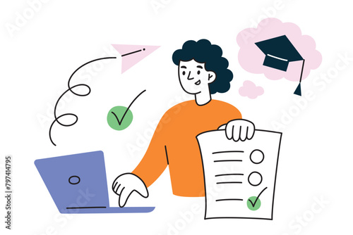 Student passing online test, apply to college composition, girl sending application form to university, exam composition, doodle icon of graduation hat, vector illustration of person working on laptop